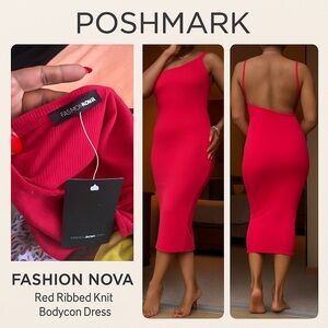 Fashion Nova Red Ribbed Knit Bodycon Midi Dress | Size L